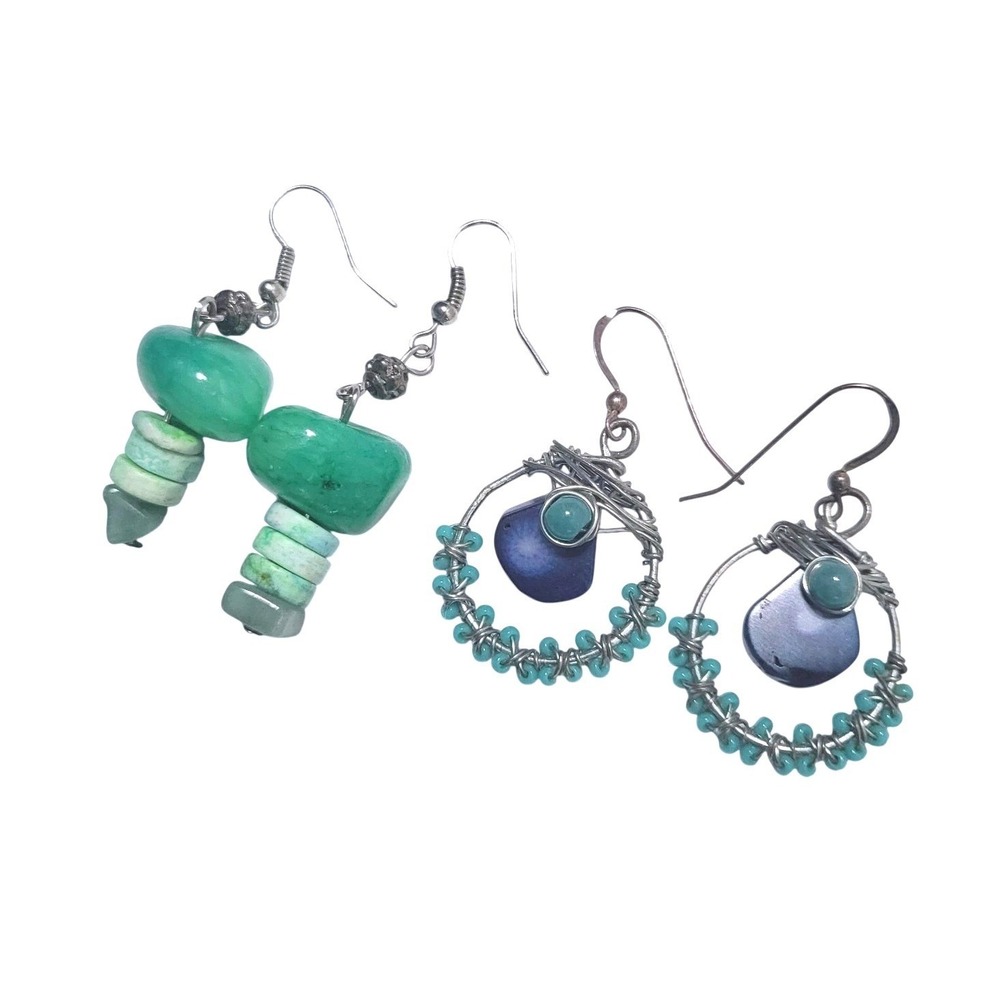 Handmade Green Aventurine & 925‎ Sterling Silver Blue Kyanite Hoops Earrings
